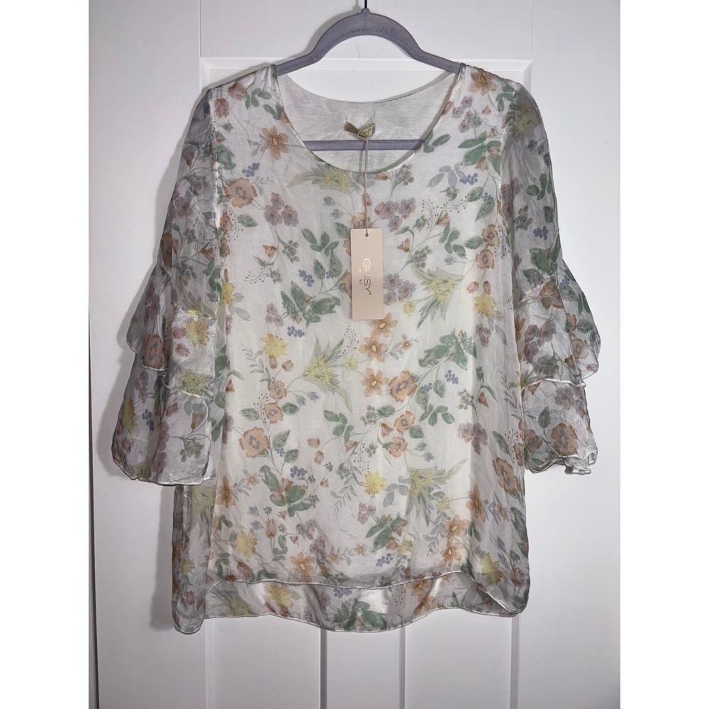 NWT Giusy Floral Ruffle Sleeve‎ Sheer Blouse Italian Silk Size M Cottagecore